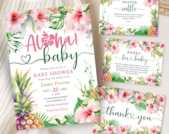 Invitación para baby shower Aloha: Plantilla editable con temática luau rosa, descarga digital