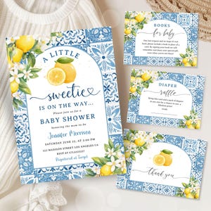 Mediterrane Zitrone-Babyparty-Einladungspaket: Blaue Kachel-Zitrusthema-bearbeitbare Vorlage, digitaler Download