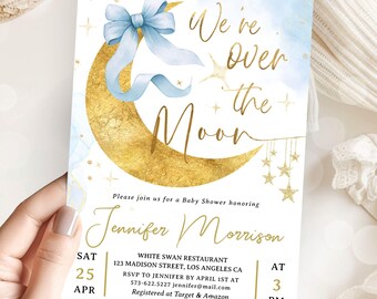 Over The Moon Baby Shower Invitation Boy, Blue Gold Twinkle Stars, Editable Template (Digital Download)