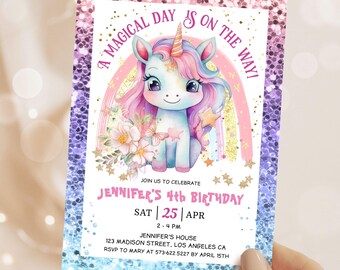 Unicorn Birthday Invitation: Rainbow Magical Fairy Theme Girl Party Editable Template, Digital Download