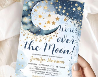 Over The Moon Baby Shower Invitation Boy, Blue Moon and Stars Celestial Themed, Editable Template (Digital Download)