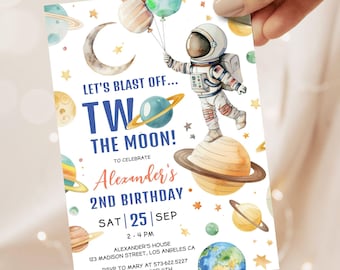Two The Moon 2nd Birthday Invitation: Galaxy Astronaut Space Party Editable Template, Digital Download