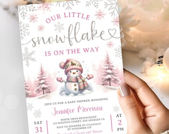 Inbjudan till babyshower med liten snöflinga, redigerbar mall för vintertema för flicka (digital nedladdning)