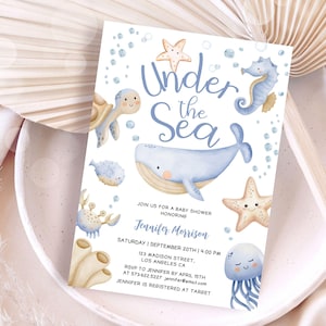 EDITABLE Under the Sea Baby Shower Invitation Boy,Whale Ocean Theme Baby Shower Invite,Sea Animals,Digital Template,Instant Download BSI36