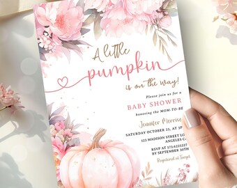 Pink Pumpkin Baby Shower Invitation, Fall Themed Editable Template, Digital Download