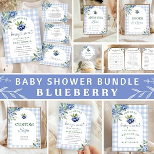 EDITABLE Blueberry Baby Shower Bundle,Berry Sweet Baby Shower Invite Set,Boy Blue Gingham,Blueberry Themed,Digital Template Download BSI128