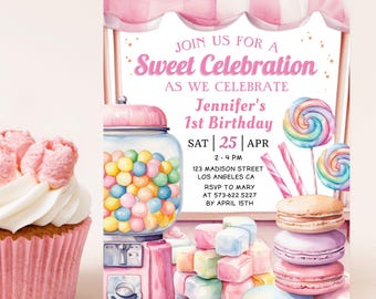 May include: A pink and white invitation card with the text "Sweet Celebration" and "Jennifer's 1st Birthday." The card features illustrations of candy, a gumball machine, and a cupcake. The date is April 25th.