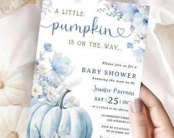 Blue Pumpkin Baby Shower Invitation:Boy Fall Theme Editable Template, Digital Download