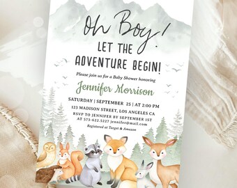 Let The Adveture Begin Baby Shower Boy, Woodland Animals Forest Themed, Editable Template (Digital Download)