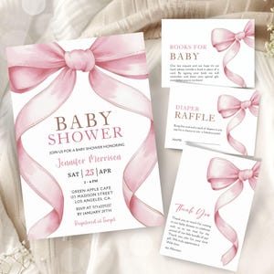 EDITIERBARE Rosa Schleife Babyparty Einladung Set, Kokette Band Schleife Themen Einladen Bündel, modernes Mädchen druckbare Vorlage, sofortiger Download BSI105