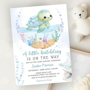Sea Turtle Baby Shower Invitation Boy: Hatchling Ocean Theme Editable Template, Digital Download