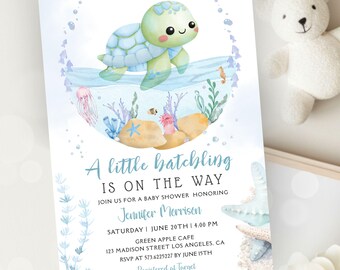 Zaproszenie na baby shower dla chłopca z motywem żółwia morskiego: szablon edytowalny, motyw oceaniczny, wersja cyfrowa