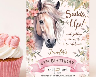 May include: A pink and white floral birthday invitation with a watercolor illustration of a horse's head. The text reads "Saddle Up! and gallop on over to celebrate Jennifer's 6th Birthday". The invitation includes the date, time, and location of the party.