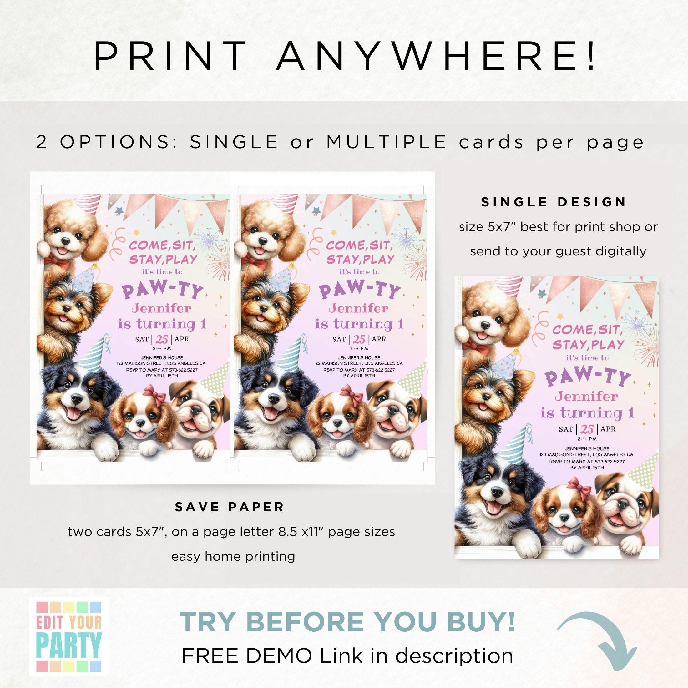 Dog Puppy Birthday Invitation Girl: Pawty Theme Party Editable Template ...