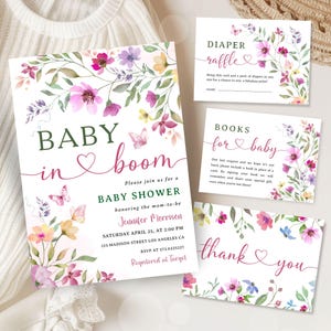 Ensemble d'invitations modifiable bébé en fleurs fleurs sauvages, modèle d'ensemble d'invitations florales pour baby shower de papillons de jardin bohème, téléchargement numérique BSI152