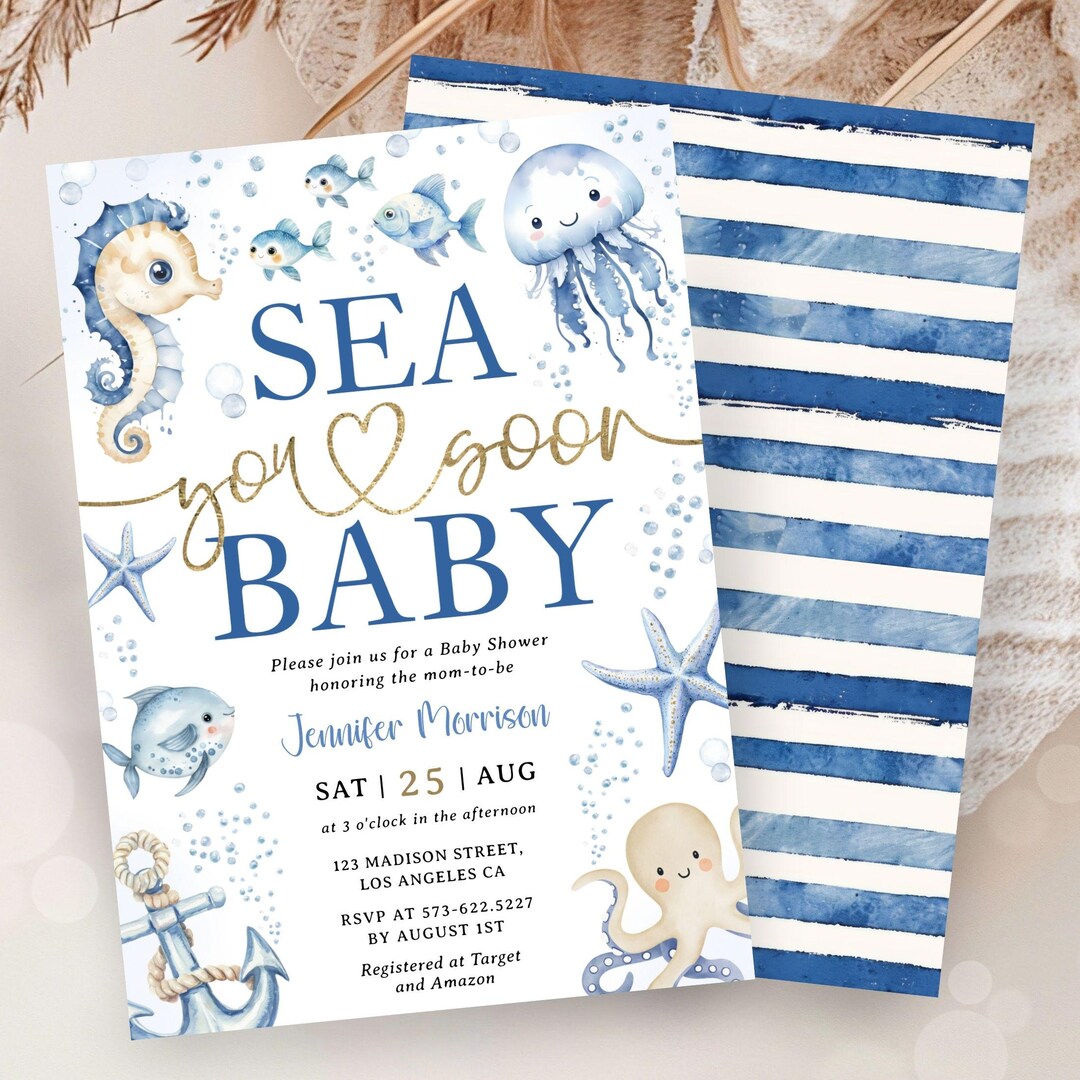 Sea You Soon Baby Shower Invitation Boy,navy Blue Ocean Animals,under ...