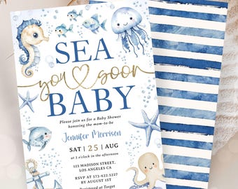 Sea You Soon Baby Shower Invitation Boy,Navy Blue Ocean Animals,Under The Sea Themed, Editable Template (Digital Download)