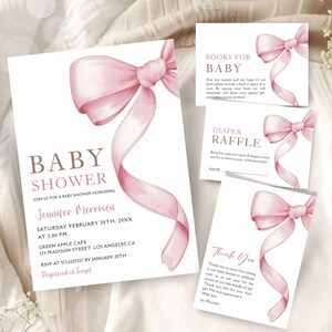 EDITIERBARE Rosa Bogen-Babyparty-Einladungsset, Mädchen-Kokette Band-Bogen-Thema laden Bündel, elegante druckbare Vorlage, sofortiger Download BSI106 ein