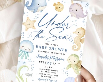 Under the Sea Baby Shower Invitation Boy, Ocean Animals Sea Creatures Themed, Editable Template (Digital Download)