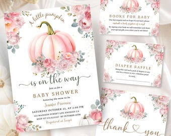 Pink Pumpkin Baby Shower Invitation Set Bundle: Fall Theme Editable Template, Digital Download