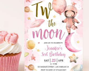 Two The Moon Birthday Invitation Girl: Pink Space Galaxy Party Editable Template, Digital Download
