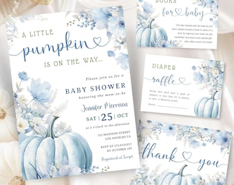 Blue Pumpkin Baby Shower Invitation Bundle: Boy Fall Theme Editable Template, Digital Download