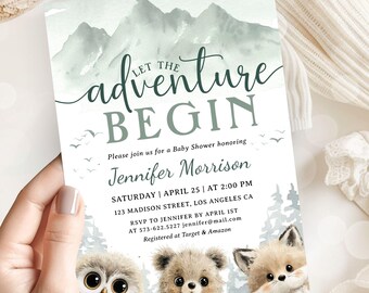 Let The Adveture Begin Baby Shower Woodland Animals Theme, Editable Template (Digital Download)