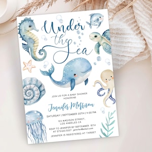 Invito per baby shower sotto il mare MODIFICABILE per ragazzo, invito per baby shower a tema oceano con balena blu navy, modello stampabile, download immediato BSI37