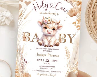 Holy Cow Baby Shower Invitation: Highland Cow, Gender Neutral Editable Template, Digital Download