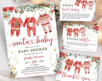 May include: A set of Christmas-themed baby shower invitations and cards. The main invitation features the text "Santa Baby" and details for the event. Additional cards include "Books for Baby," "Diaper Raffle," and "Thank You," all decorated with festive baby clothes.