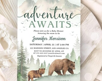 Adventure Awaits Baby Shower Invitation, Woodland Bear Forest Animals Themed, Editable Template (Digital Download)