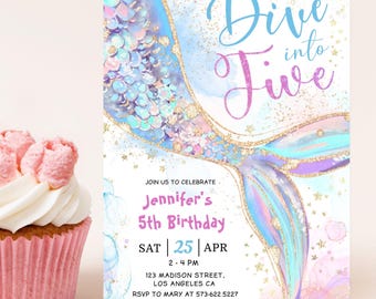 Mermaid Birthday Invitation: Dive Into Five Party, Under The Sea Theme Editable Template, Digital Download