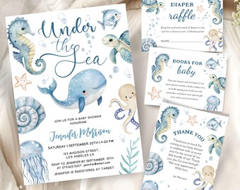 May include: Under the Sea baby shower invitation with blue, white, and yellow watercolor illustrations of a whale, seahorse, octopus, turtle, and jellyfish. The invitation includes the text "Under the Sea", "Join us for a baby shower honoring Jennifer Morrison", "Saturday | September 20th | 4:00 PM", "123 Madison Street, Los Angeles CA", "RSVP to Jennifer by September 15th at 573-622.5227 jennifer@email.com", and "Jennifer is registered at Target".
