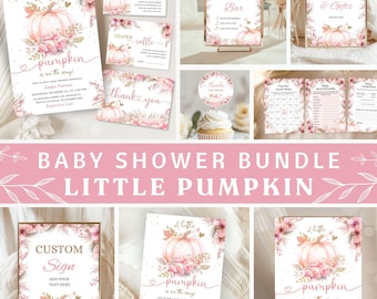 Pacchetto Baby Shower Little Pumpkin: giochi e decorazioni a tema autunnale rosa, modello modificabile, download digitale