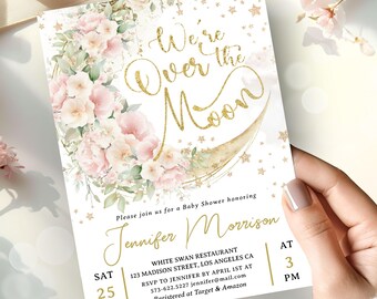 Over The Moon Baby Shower Invitation Girl, Pink Moon Stars Baby Shower Invite, Editable Template (Digital Download)