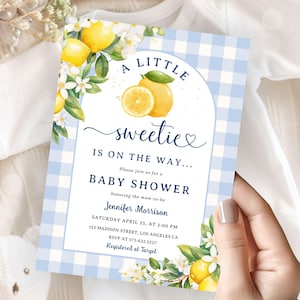 EDITABLE Lemon Baby Shower Invitation Boy,Little Sweet Citrus Baby Shower Invite,Blue Gingham,Printable Template,Digital Download BSI163