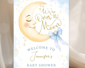 Were Over The Moon Baby Shower Welcome Sign, Blue Sleepy Moon Baby Shower Decor, Editable Template (Digital Download)