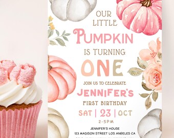 Pumpkin Birthday Invitation Girl: Pink Pumpkin Theme Editable Template (Digital Download)