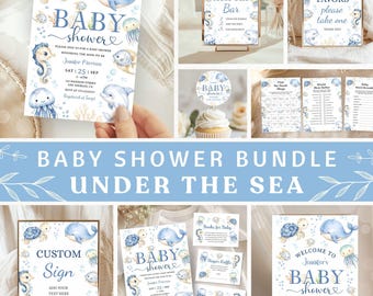 May include: A collection of baby shower stationery with an under-the-sea theme. The designs feature watercolor illustrations of whales, seahorses, turtles, and jellyfish in shades of blue and beige. Includes invitations, signs, and game cards.