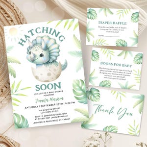 EDITABLE Dinosaur Baby Shower Invitation Set,Boy Hatching Soon Invite Bundle Pack,Dinosaur Themed Digital Template,Instant Download BSI33