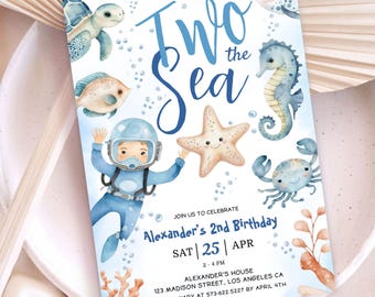 Two The Sea Birthday Invitation: Blue Ocean Animals Theme, Boy 2nd Birthday Editable Template (Digital Download)