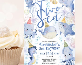Two The Sea Birthday Invitation Boy, Blue Ocean Animals 2nd Birthday Party, Editable Template (Digital Download)