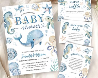 Under the Sea Baby Shower Invitation Bundle, Blue Ocean Animals Theme, Editable Template (Digital Download)