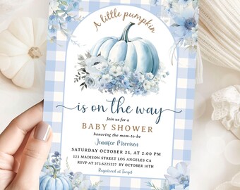 Invitación azul para baby shower de niño, plantilla editable con temática de otoño de calabaza dulce, descarga digital