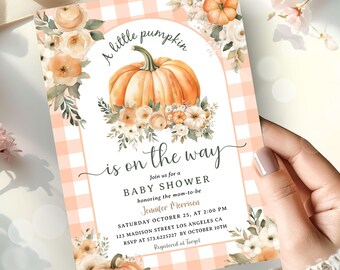 Uitnodiging babyshower kleine pompoen: genderneutraal, bewerkbare sjabloon boho herfst, digitale download