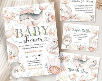 May include: A set of printable baby shower invitations with a nautical theme. The invitations feature a whale, a dolphin, a seahorse, and a starfish. The text on the invitations reads "Baby Shower" and "Please join us for a baby shower honoring the mom-to-be Jennifer Morrisen".