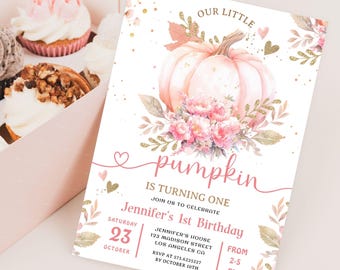 Invitación de cumpleaños de calabaza rosa: Plantilla editable con temática de otoño para niña, descarga digital