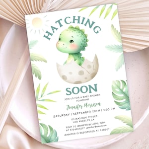 Invito per baby shower con dinosauri MODIFICABILE, invito per baby shower con dinosauri maschi, tema Hatching Soon, modello digitale stampabile, download immediato BSI32
