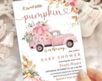 Pumpkin Baby Shower Invitation: Pink Truck Fall Autumn Theme Editable Template, Digital Download