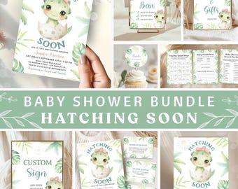 Dinosaur Hatching Soon Baby Shower Invitation Bundle, Girl Dino Themed Invite and Decors, Editable Template, Digital Download